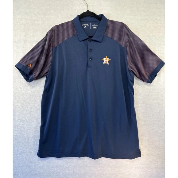 Houston Astros MLB Antigua Polo Shirt Mens Large Blue & Orange Striped Polyester - Picture 1 of 10